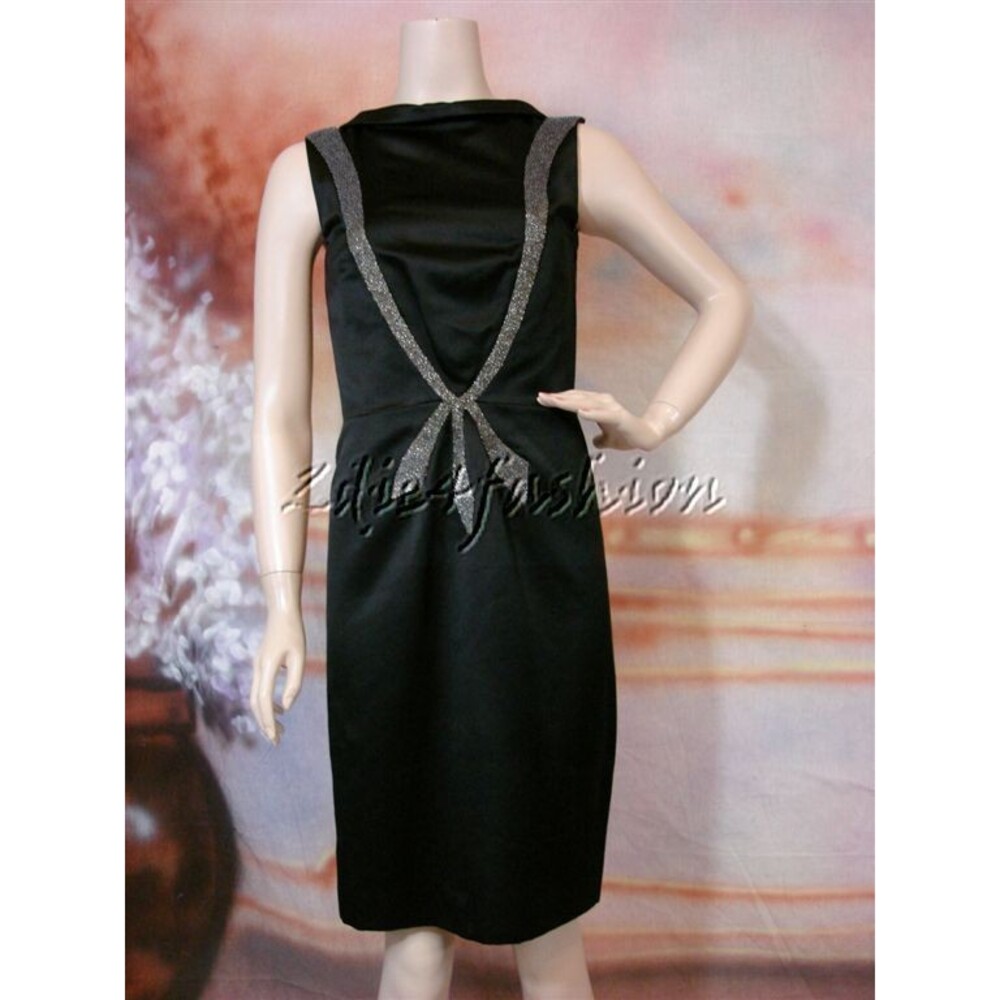 $3990 NINA RICCI Sexy Black Silk Satin Silver Beaded Ribbon Sash Dress 4
